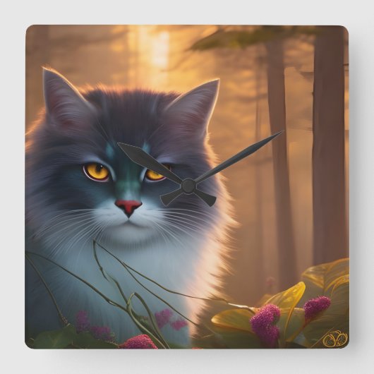 Horloge Carrée Chat de forêt gris et blanc, Imaginaire (Recto)