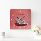 Horloge Carrée Chat de janvier mignon avec oeillets (Maison)
