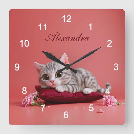 Horloge Carrée Chat de janvier mignon avec oeillets (Recto)