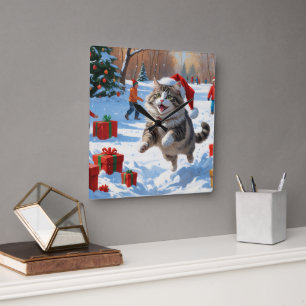 Horloge Carrée Chat de Sibérie courant dans la neige avec Casquet