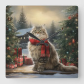 Horloge Carrée Chat de Sibérie en Noël de Neige (Recto)
