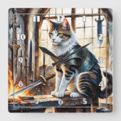 Horloge Carrée Chat en Armor entouré d'épées à l'aube (Recto)