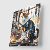 Horloge Carrée Chat en Armor entouré d'épées à l'aube (Angle)