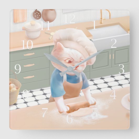 Horloge Carrée Chat en chef Casquette Rolling Dough à la cuisine (Recto)