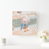 Horloge Carrée Chat en chef Casquette Rolling Dough à la cuisine (Maison)