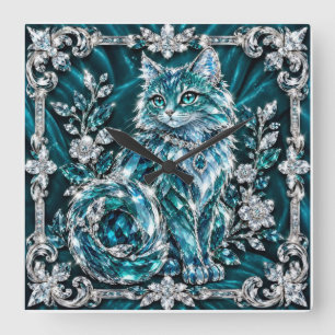 Horloge Carrée Chat en cristal de turquoise de luxe Cadre en ar