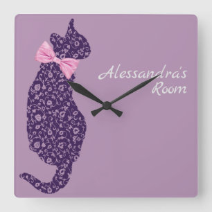 Horloge Carrée Chat en dentelle violette personnalisé Silhouette 