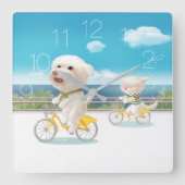 Horloge Carrée Chat et chien à vélo (Recto)
