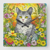 Horloge Carrée Chat et Fleurs Whimsical (Recto)