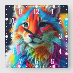 Horloge Carrée Chat fourrure couleur arc-en-ciel