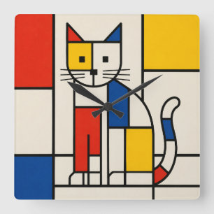 Horloge Carrée Chat géométrique de style Mondrian Art abstrait Po