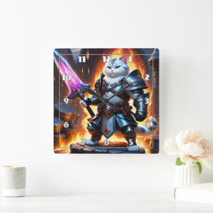 Horloge Carrée Chat guerrier en armure avec épée