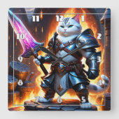 Horloge Carrée Chat guerrier en armure avec épée (Recto)