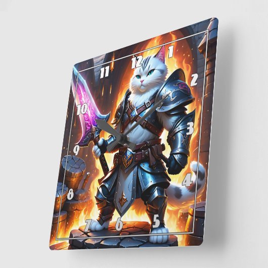 Horloge Carrée Chat guerrier en armure avec épée (Angle)
