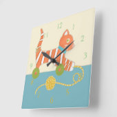 Horloge Carrée Chat jouet rayé avec boule de ficelle (Angle)