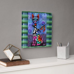 Horloge Carrée Chat Kitty Abstrait Funky aux Grands Yeux Fantaisi