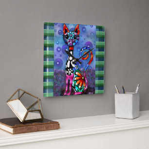 Horloge Carrée Chat Kitty Abstrait Funky aux Grands Yeux Fantaisi