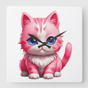Horloge Carrée Chat Kitty Rose Cute