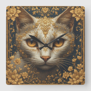 Horloge Carrée Chat majestueux avec des détails floraux dorés orn