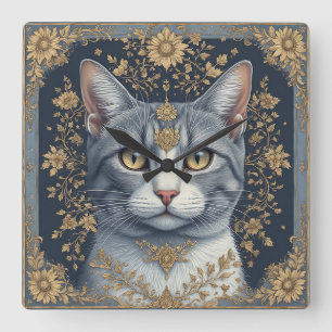 Horloge Carrée Chat majestueux avec des détails floraux dorés orn