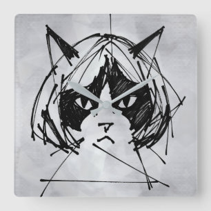 Horloge Carrée Chat mignon avec une perruque (Style 3 + fond) Bea