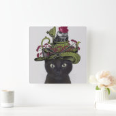 Horloge Carrée Chat noir avec théière et hibou (Maison)