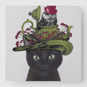 Horloge Carrée Chat noir avec théière et hibou