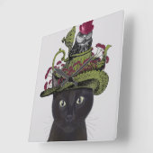 Horloge Carrée Chat noir avec théière et hibou (Angle)