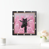 Horloge Carrée Chat noir Chats rose (Maison)