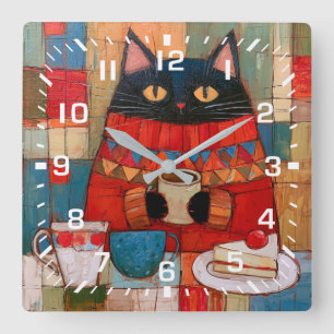 Horloge Carrée Chat noir confortable buvant du café au café