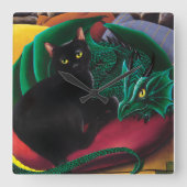 Horloge Carrée Chat noir et dragon (Recto)