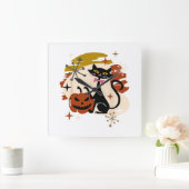 Horloge Carrée Chat noir et Halloween rétro atomique Citrouille (Maison)