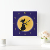 Horloge Carrée Chat noir et lune jaune Halloween Art (Maison)
