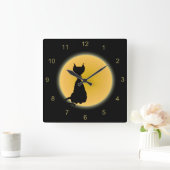 Horloge Carrée Chat noir et lune jaune Halloween Art (Maison)