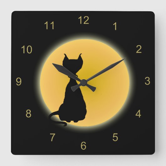 Horloge Carrée Chat noir et lune jaune Halloween Art (Recto)