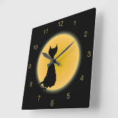 Horloge Carrée Chat noir et lune jaune Halloween Art (Angle)