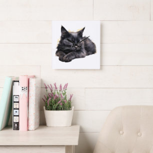 HORLOGE CARRÉE CHAT NOIR FLUFFY À COULEUR D'EAU JOLIE