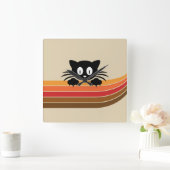 Horloge Carrée Chat noir mignon avec rayures rétro (Maison)