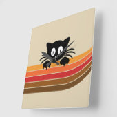 Horloge Carrée Chat noir mignon avec rayures rétro (Angle)