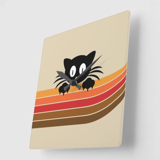 Horloge Carrée Chat noir mignon avec rayures rétro (Angle)