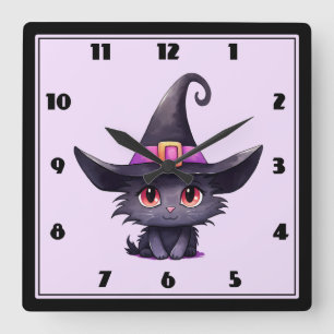 Horloge Carrée Chat noir mignon portant un Casquette de sorcière
