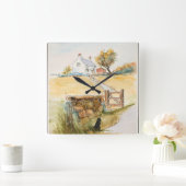 Horloge Carrée Chat par la porte (Maison)