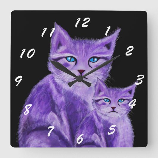 Horloge Carrée Chat peint par pourpre moderne avec des yeux bleus (Recto)
