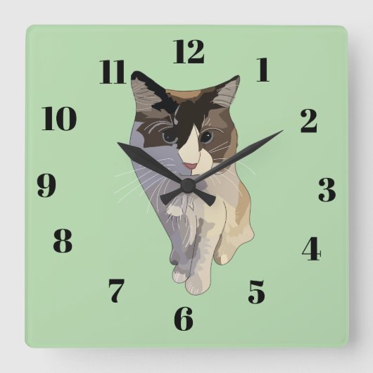 Horloge Carrée Chat ragdoll, vert pastel, vitrail (Recto)