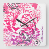 Horloge Carrée Chat sauvage rose pourpre Leopard Cheetah avec de (Recto)