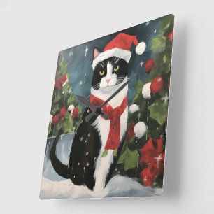 Horloge Carrée Chat Smoking en NoëL dans la Neige