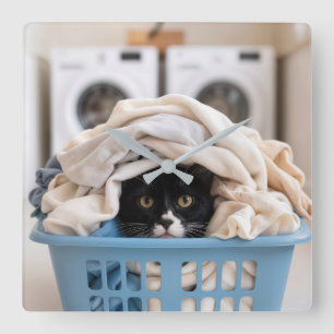 Horloge Carrée Chat Smoking Hiding dans un Panier à Linge