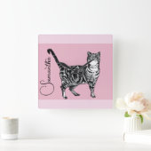 Horloge Carrée Chat Tabby Rose Filles Prénom Nurserie (Maison)