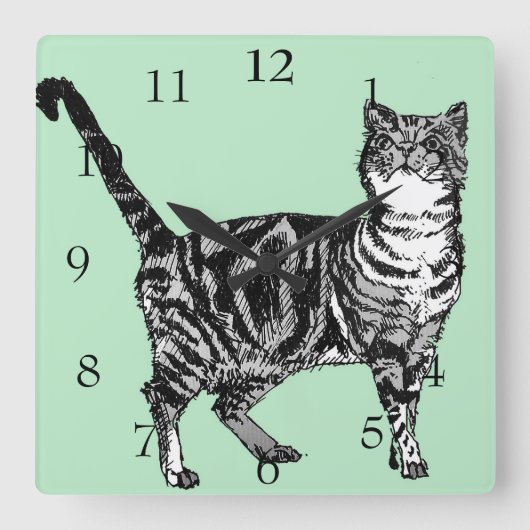 Horloge Carrée Chat Tigre Art Chats Animal Décor Vert Menthe (Recto)