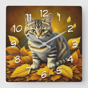 Horloge Carrée Chat tigré gris AI